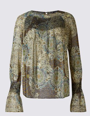 Paisley Print Fluted Sleeve Blouse